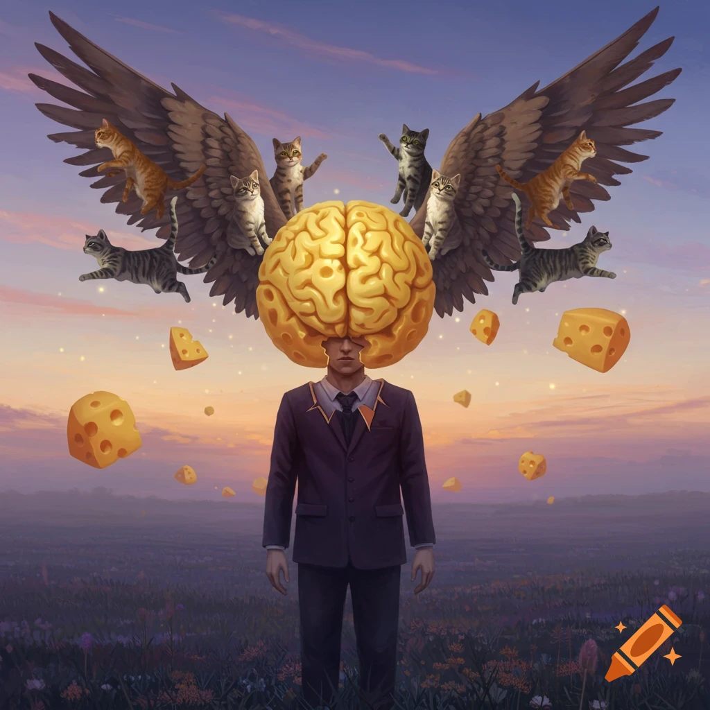 Surreal painting of a man with a golden brain head, cats as wings, and floating cheese in a sunset field.
