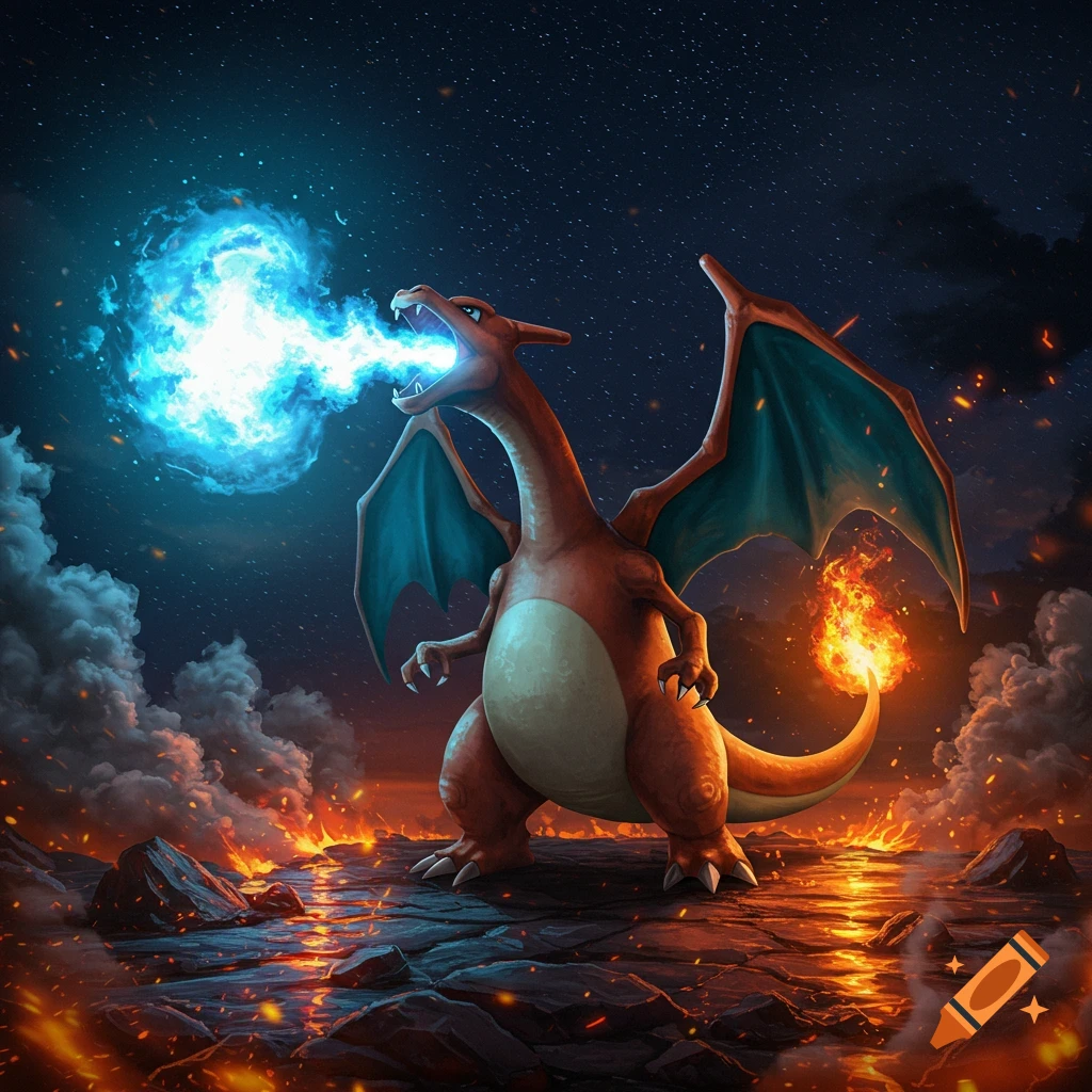 A majestic orange Charizard with blue wings breathes a powerful blue fire blast in a dramatic, fiery landscape under a starry night.