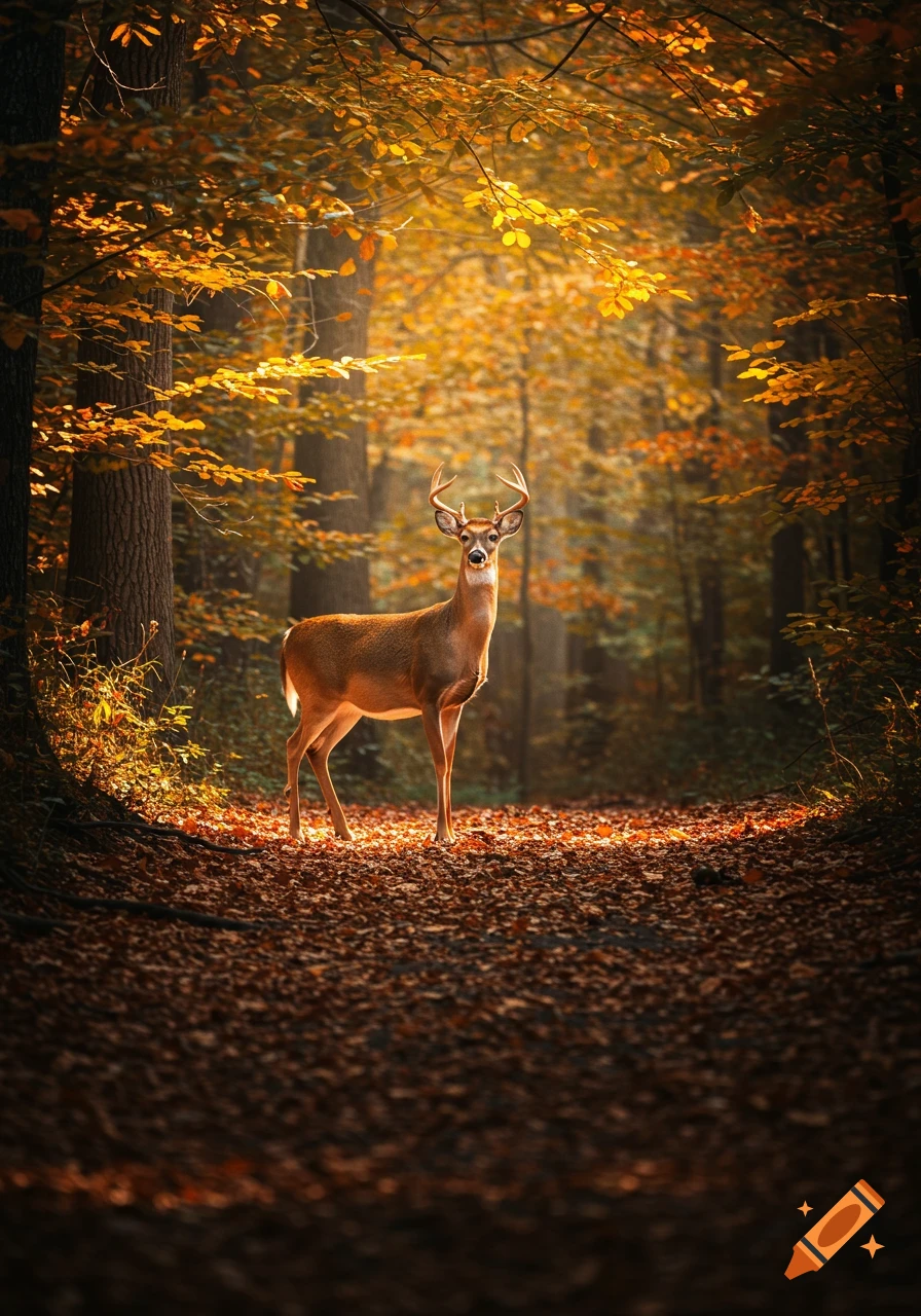 A photorealistic deer with antlers stands in a sunlit autumn forest, surrounded by orange and yellow leaves.