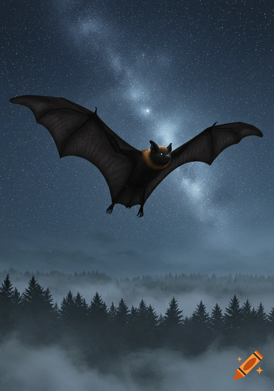 A bat with glowing eyes flies under a starry night sky above a misty forest.
