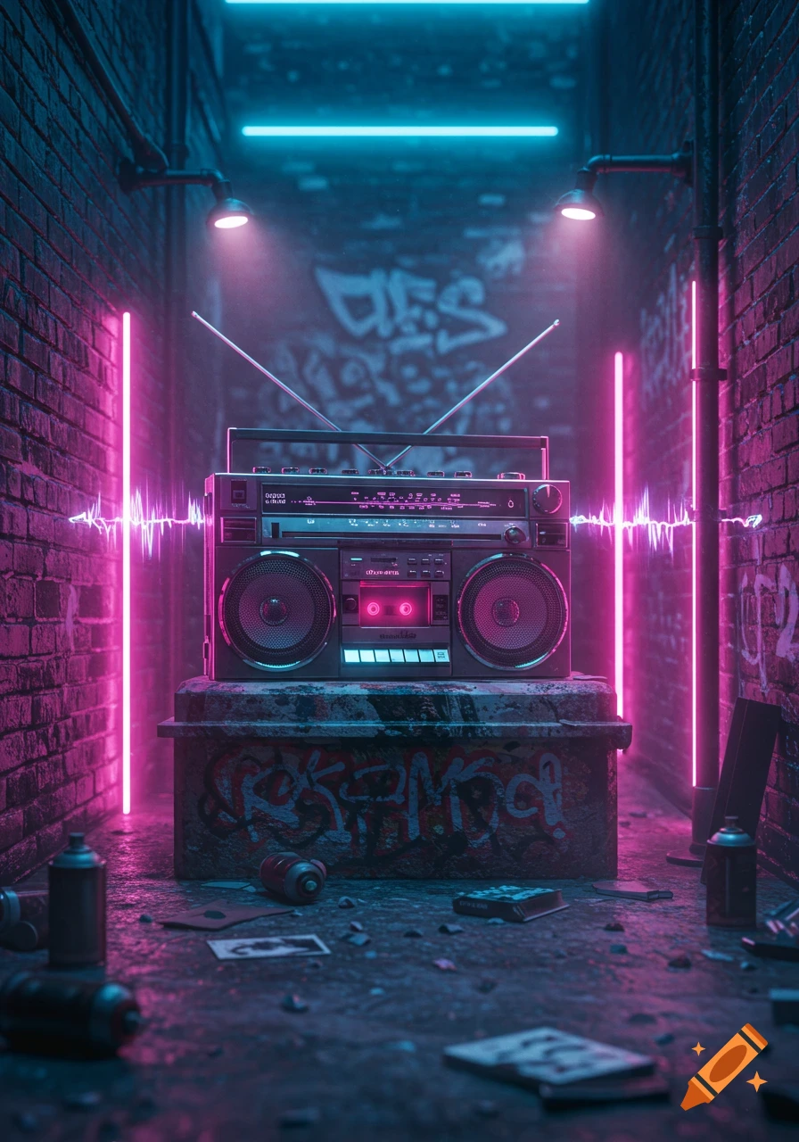 A retro boombox sits on a graffiti-covered crate in a dark alleyway, illuminated by pink and blue neon lights. Sound waves emanate from the speakers, amidst scattered trash.