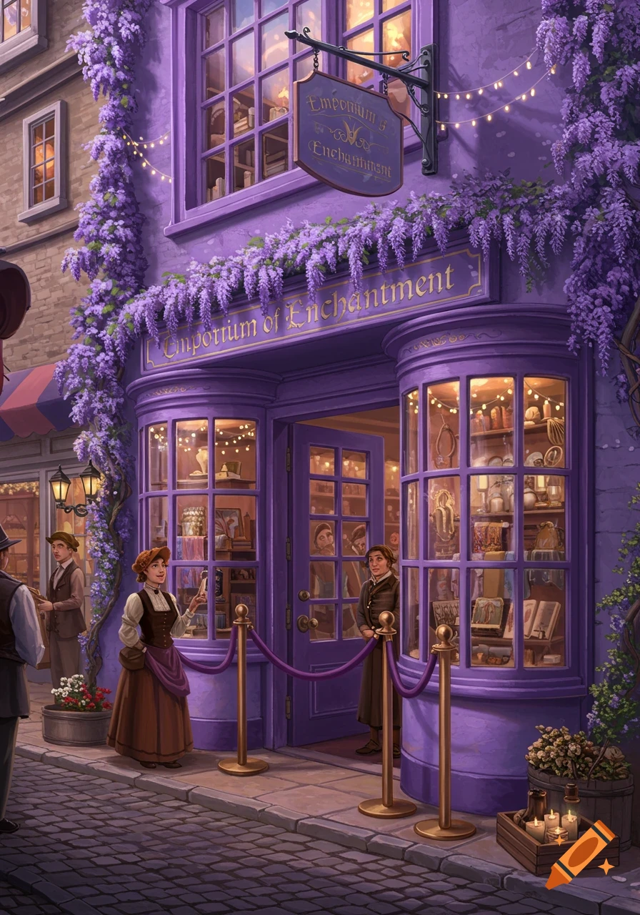 A vibrant purple shop, 'Emporium of Enchantment,' adorned with wisteria and lights, with customers on a cobblestone street.
