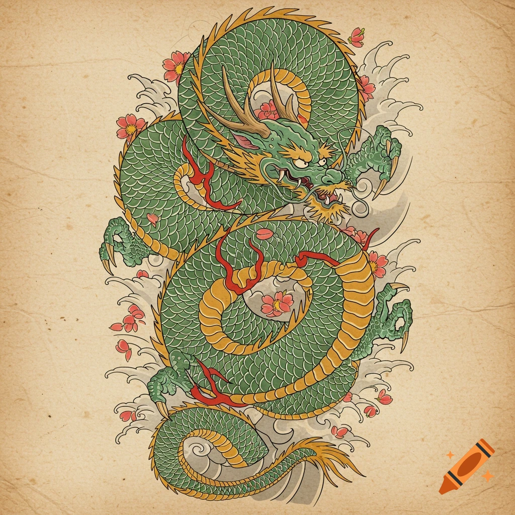 A detailed traditional Japanese green dragon tattoo design, coiled amidst cherry blossoms and waves on a textured paper background.