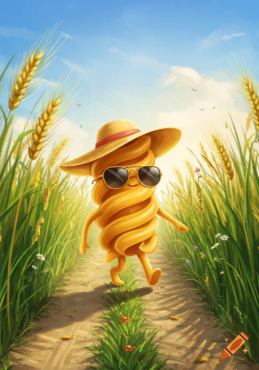 A cheerful cartoon fusilli pasta character wearing a straw hat and sunglasses walks along a dirt path through a sunny wheat field.