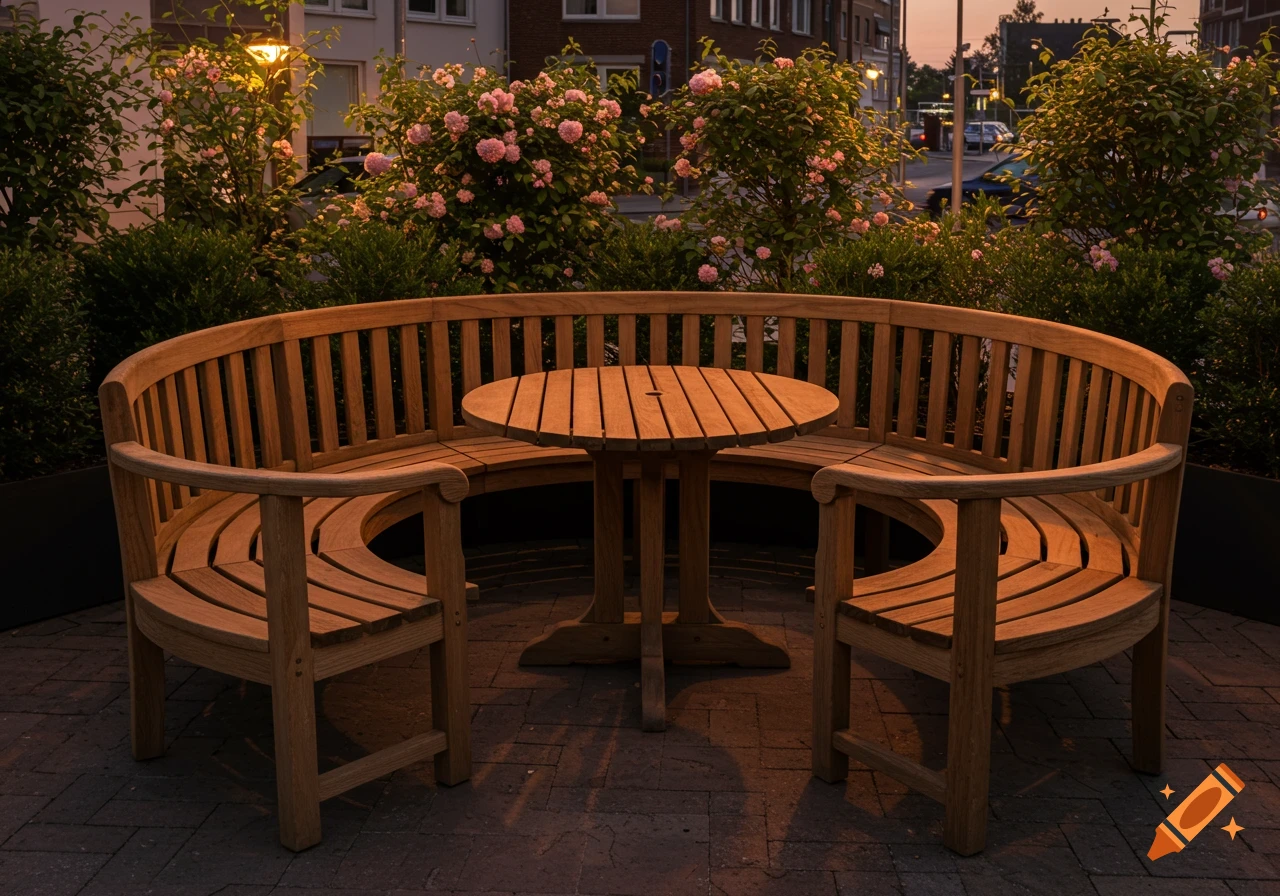 A circular wooden bench with a round table, surrounded by pink flowering bushes, under evening light.