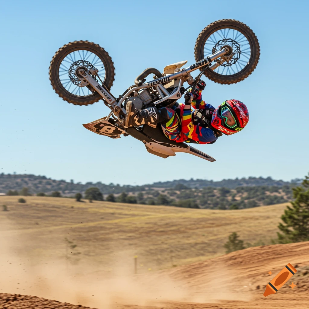 A motorcyclist does a backflip mid-air over a dirt track with distant hills under a clear blue sky.
