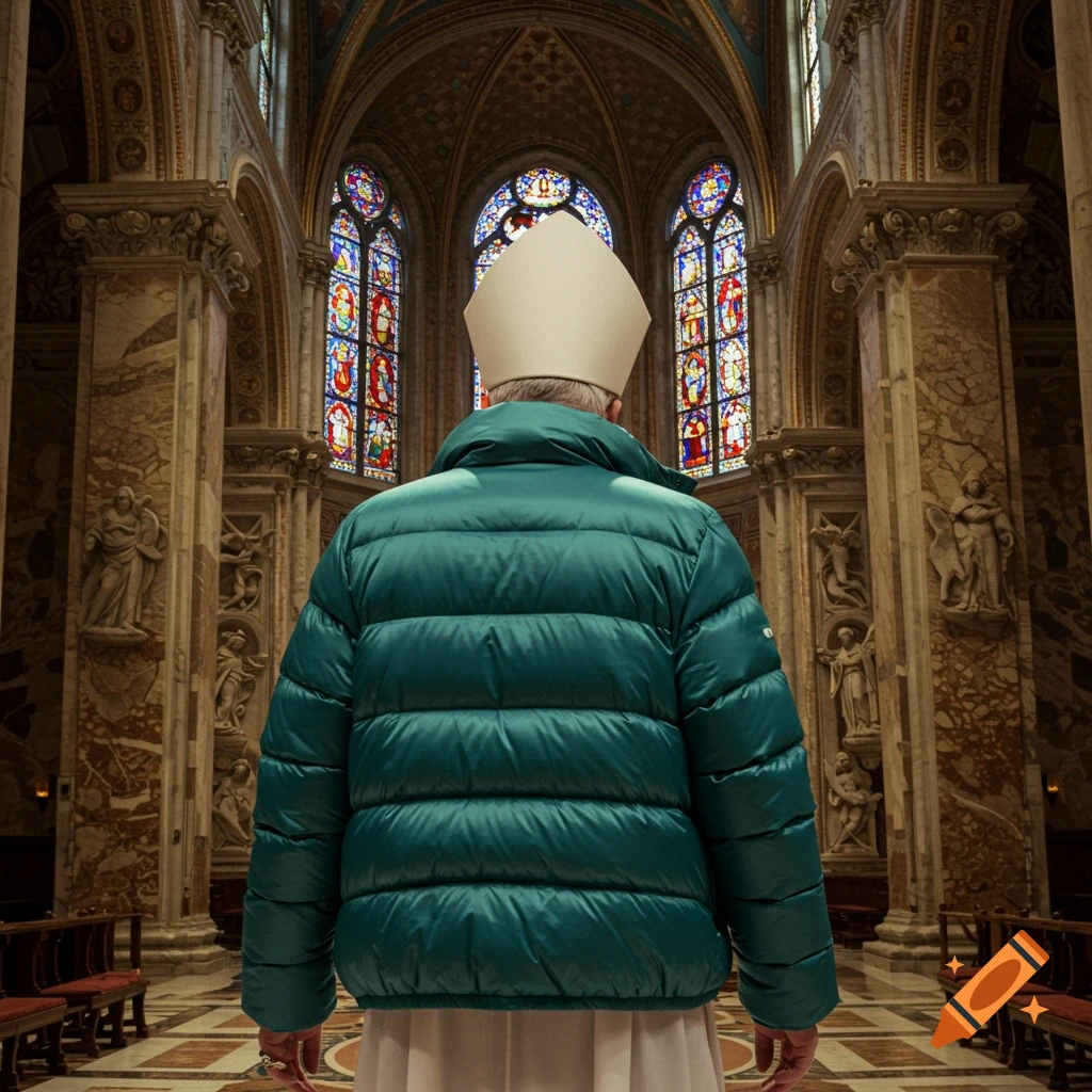 A person from behind wearing a white mitre and a teal puffer jacket stands in a grand church, looking towards stained glass windows.