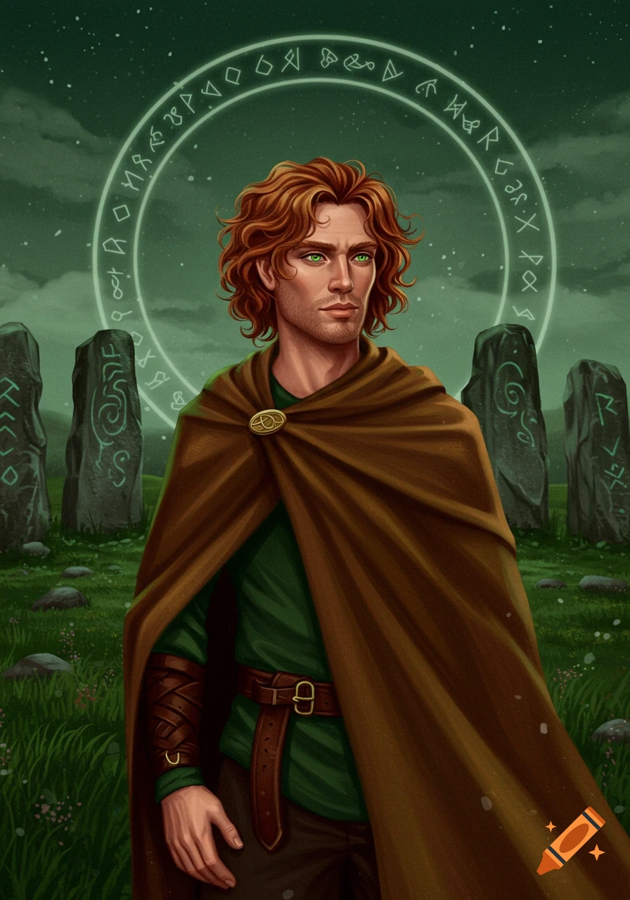 A man with red hair and green eyes wears a brown cape, standing among ancient rune stones under a starry green sky.