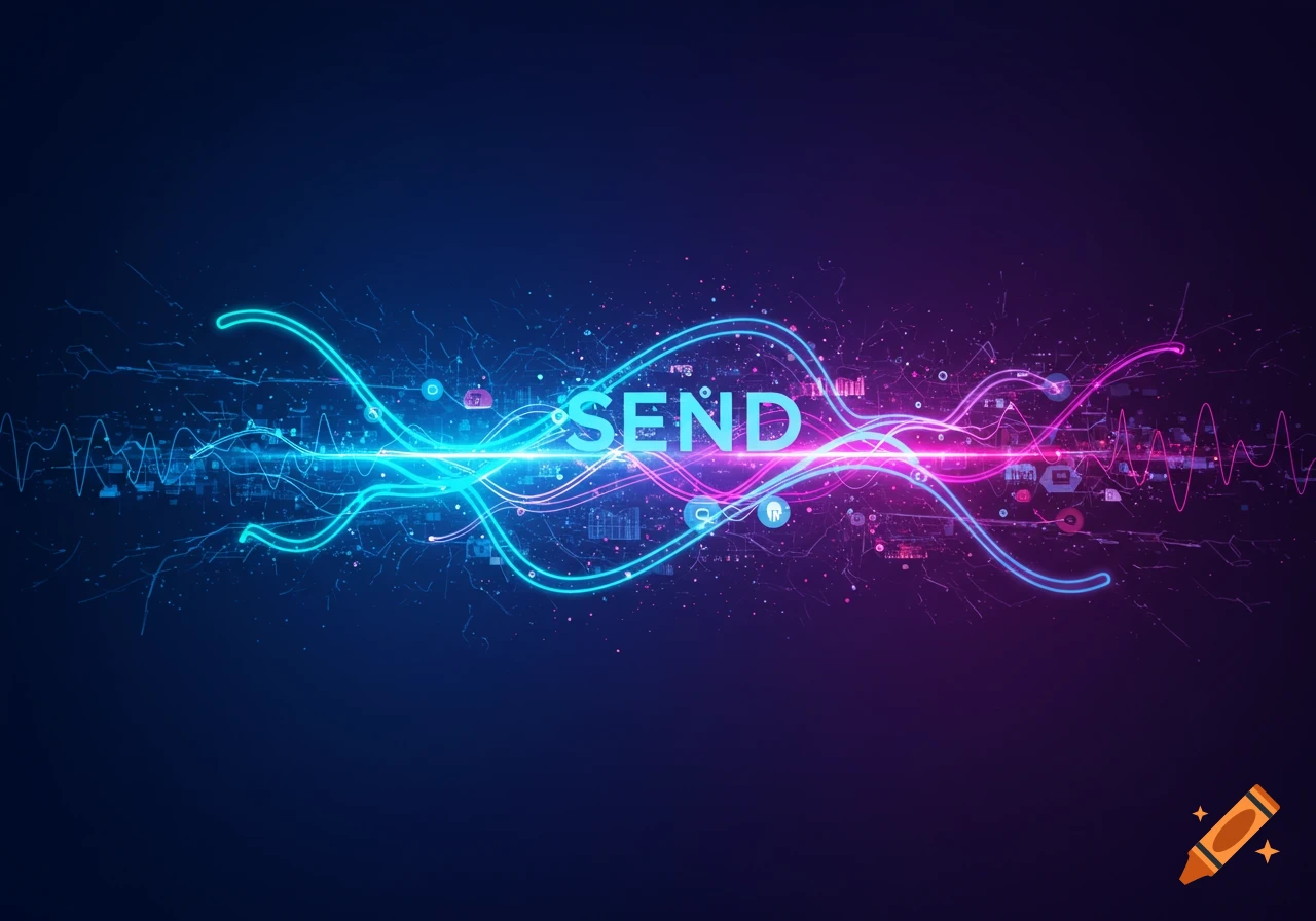 Neon blue and pink glowing lines form abstract waves around the word "SEND" on a dark background, with digital particles.