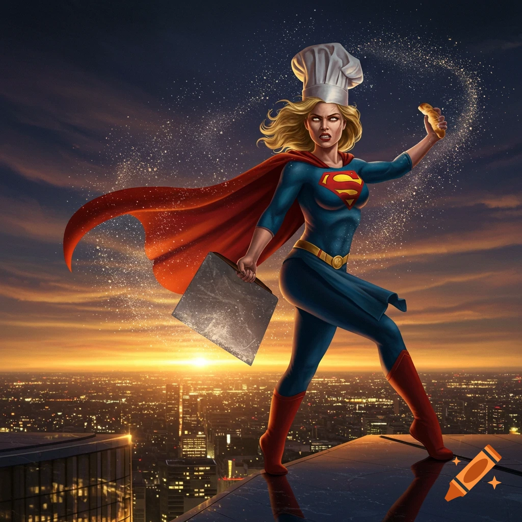 Supergirl in a chef's hat and suit stands on a rooftop at sunset, holding a baking sheet and a glowing pastry.