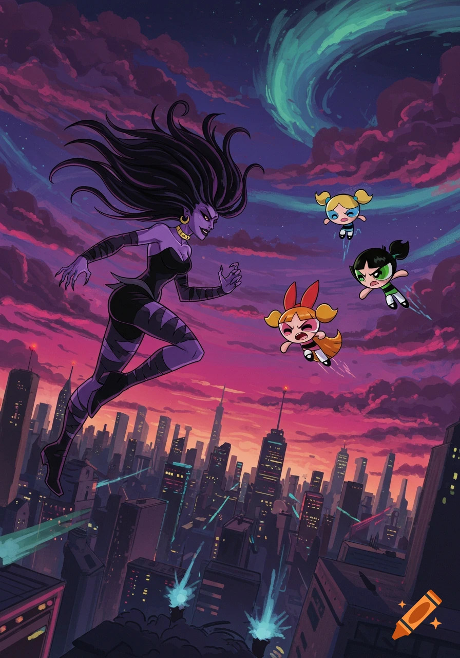 Sedusa confronts the Powerpuff Girls over a city at dusk, in a dynamic cartoon style.