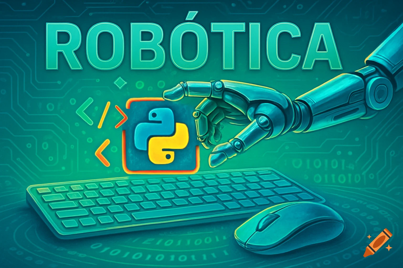 A vibrant green and blue illustration of a robotic arm reaching towards a Python logo, with a keyboard and mouse, against a circuit board background. Large text reads 'ROBÓTICA'.