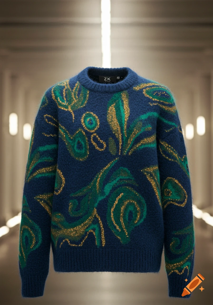 A dark blue sweater with intricate green and gold glitter abstract patterns, displayed in a well-lit modern hallway.