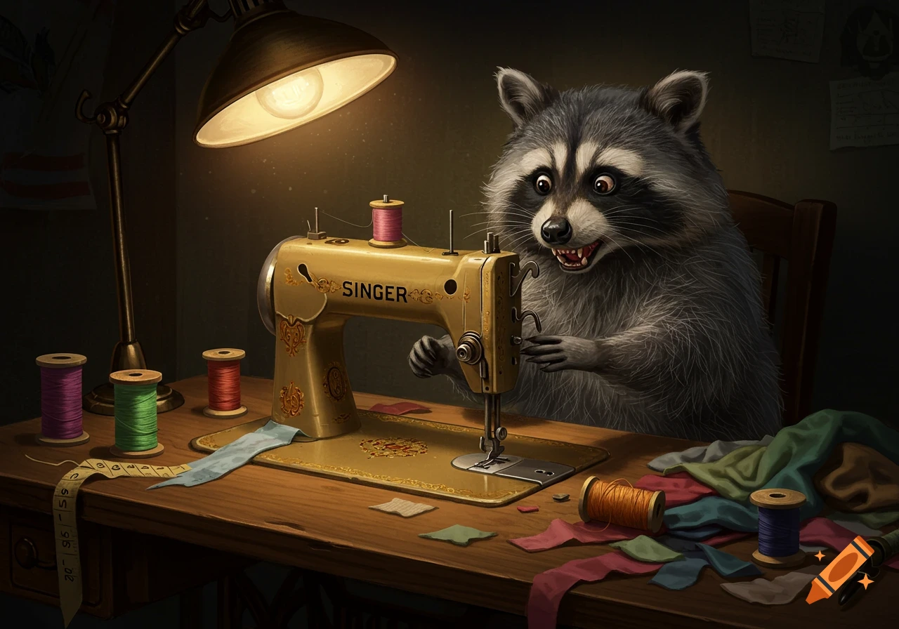 A crazed-looking raccoon intently operates a vintage gold Singer sewing machine under a bright desk lamp, surrounded by spools of thread and fabric scraps.