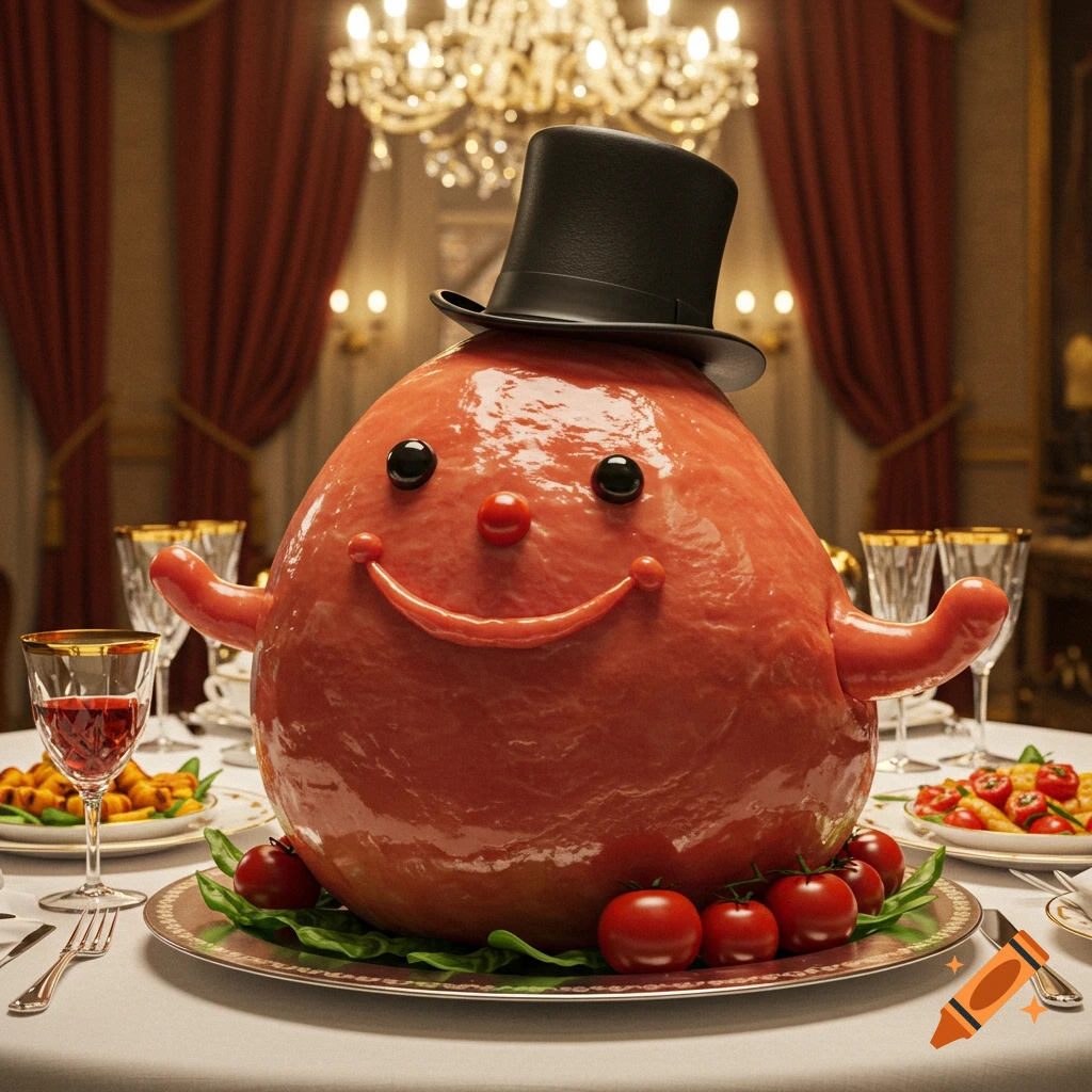 A photorealistic image of a smiling, ham-like character wearing a top hat, seated at an elegant dining table.