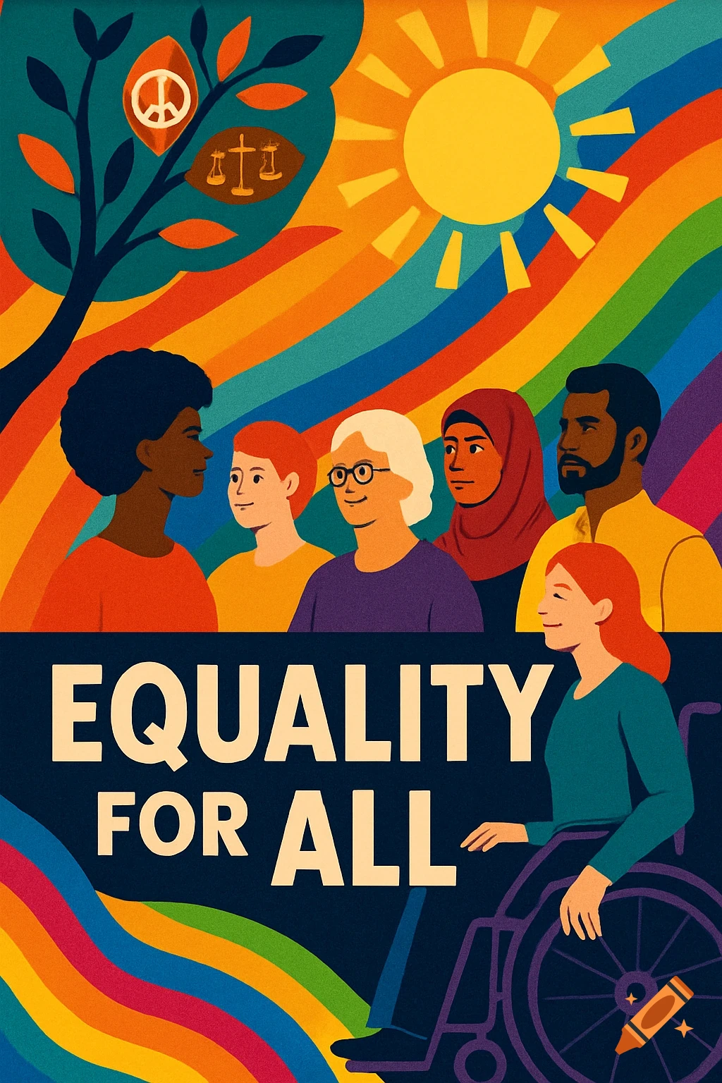 Colorful illustration of diverse people and a woman in a wheelchair under a rainbow sky with "EQUALITY FOR ALL" text, peace and justice symbols.