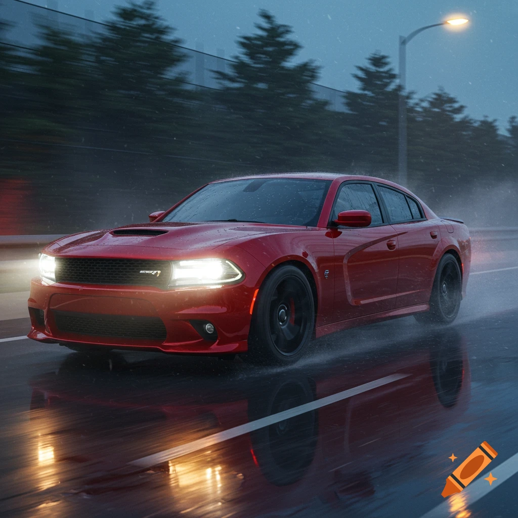 A red Dodge Charger SRT Scat Pack driving in the rain on a wet road at night, with headlights on, reflecting on the pavement.