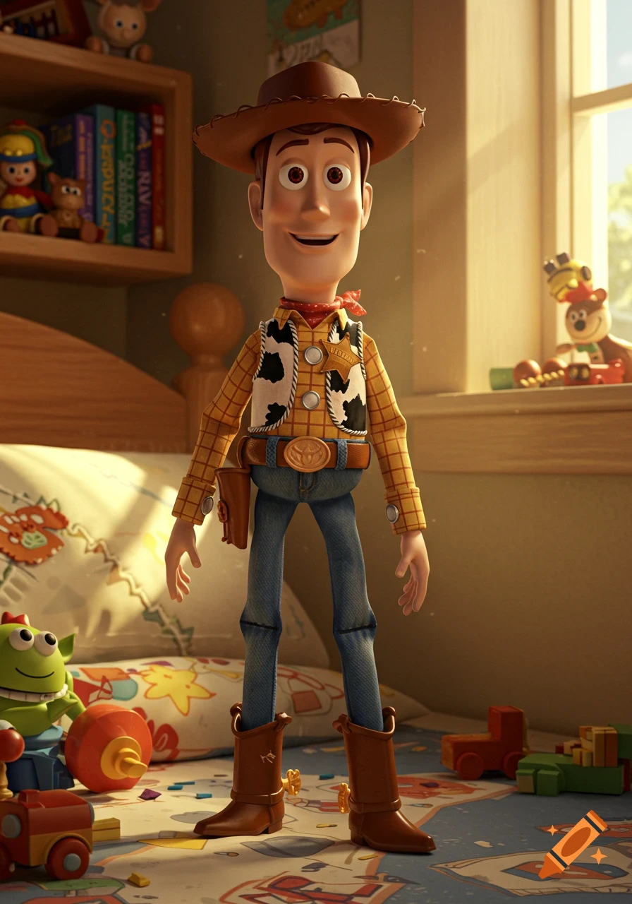 Woody, the cowboy doll from Toy Story, stands smiling in a brightly lit child's bedroom filled with other toys.