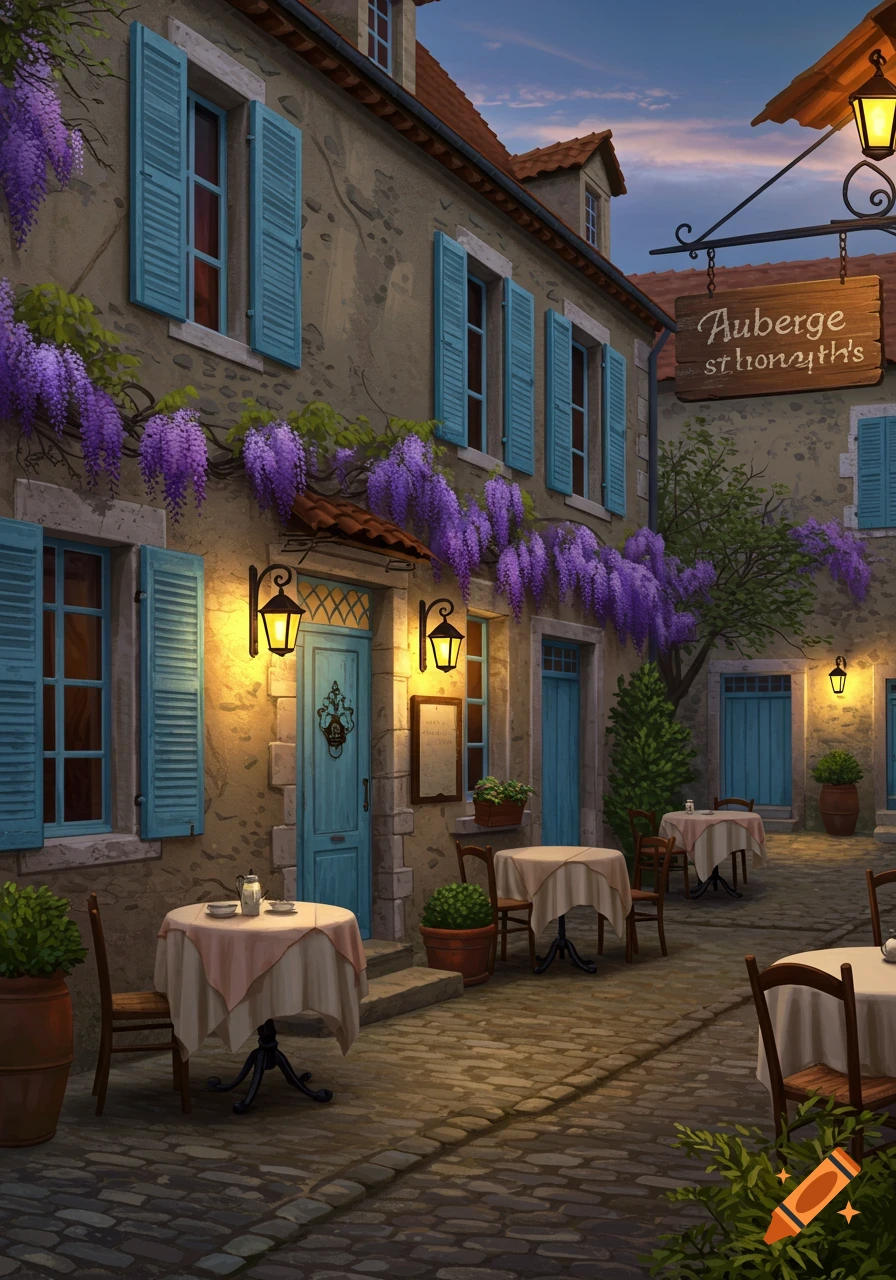 Charming old stone building with blue shutters, purple wisteria, and outdoor cafe tables under warm lanterns at dusk.