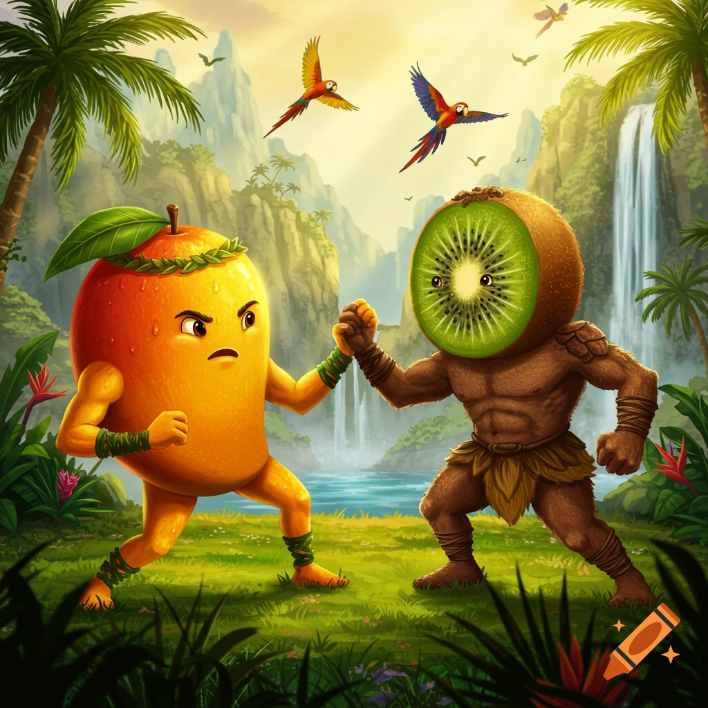 A muscular anthropomorphic mango and kiwi, ready to fight in a vibrant, cartoon jungle with a waterfall.