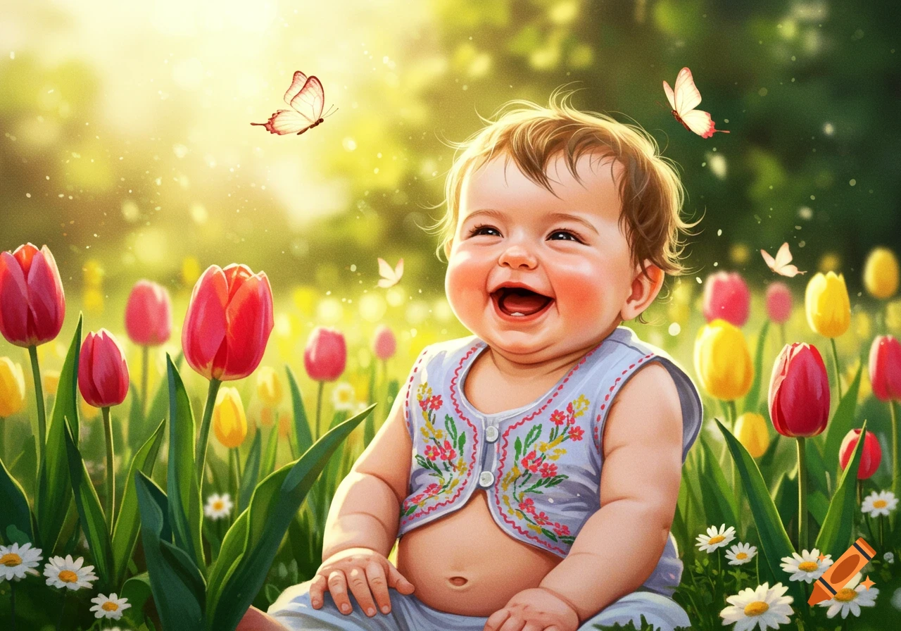 A happy baby with rosy cheeks laughs in a sunny field of red and yellow tulips and white daisies, with butterflies fluttering.