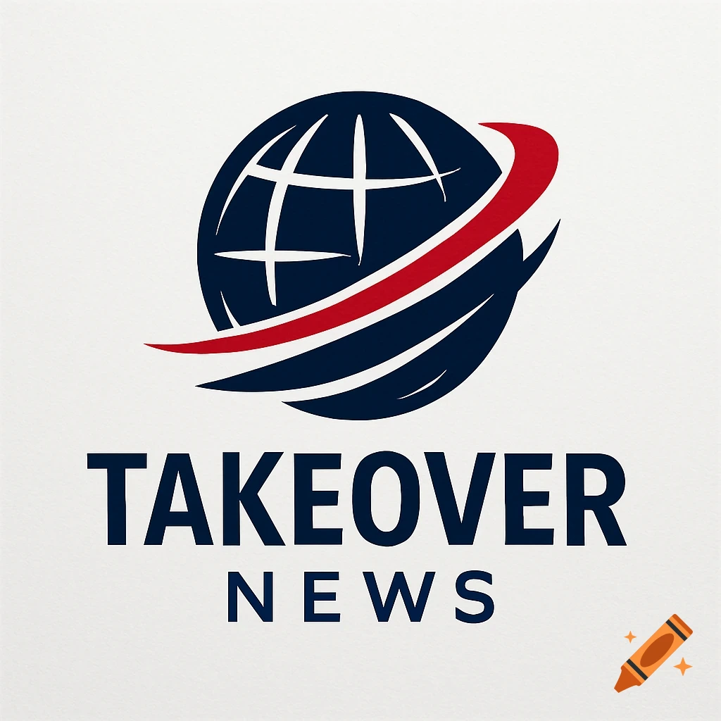 A dark blue globe logo with a red swoosh, above the text "TAKEOVER NEWS" on a white background.