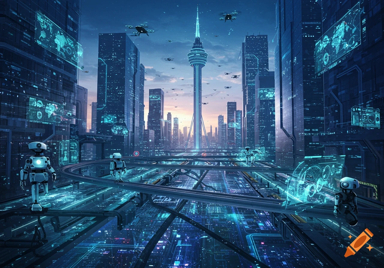 A vibrant futuristic cityscape at sunset, with tall illuminated skyscrapers, a central broadcast tower, flying drones, and small robots on elevated tracks.