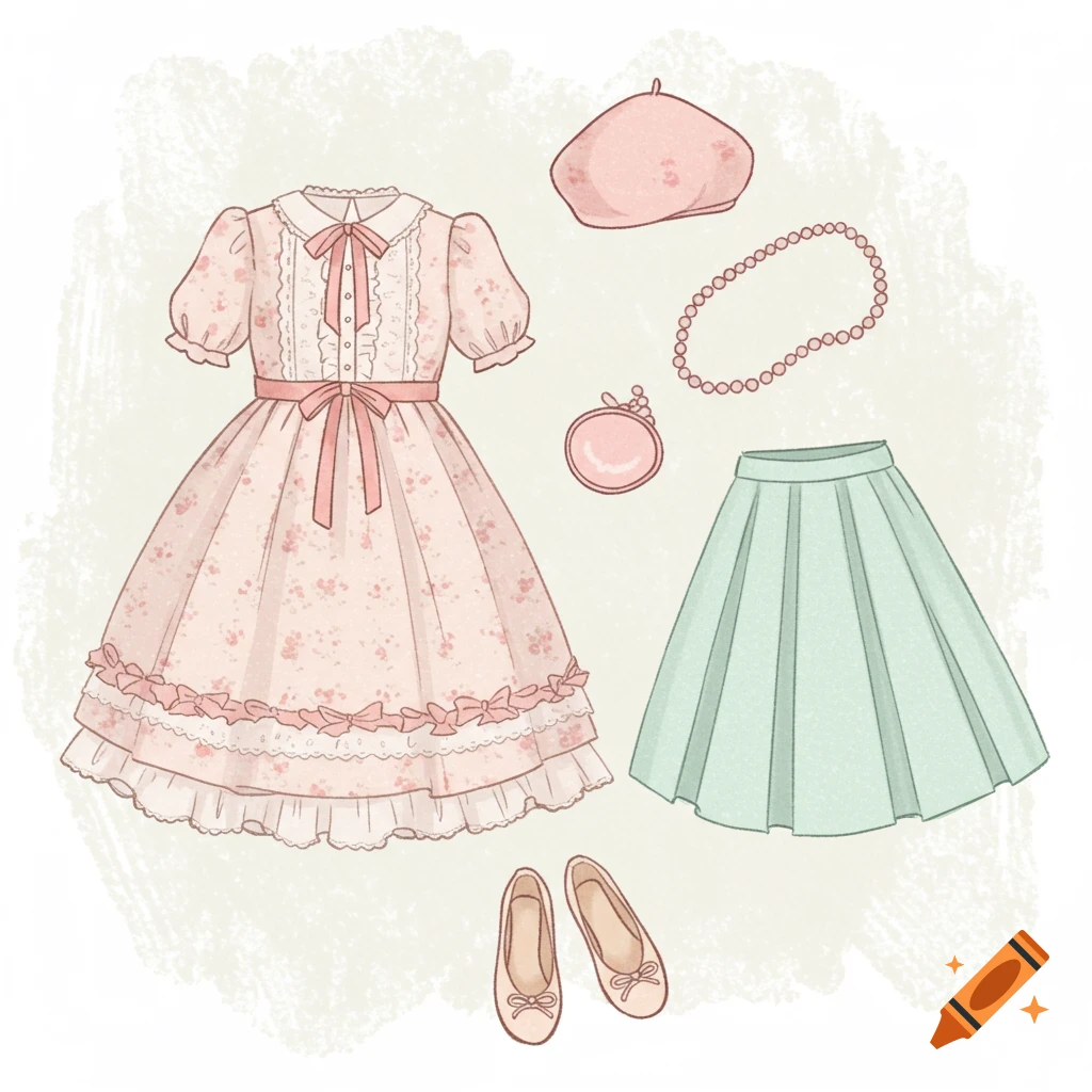 A cute drawing of a pink floral dress, a mint green pleated skirt, a pink beret, necklace, purse, and ballet flats.