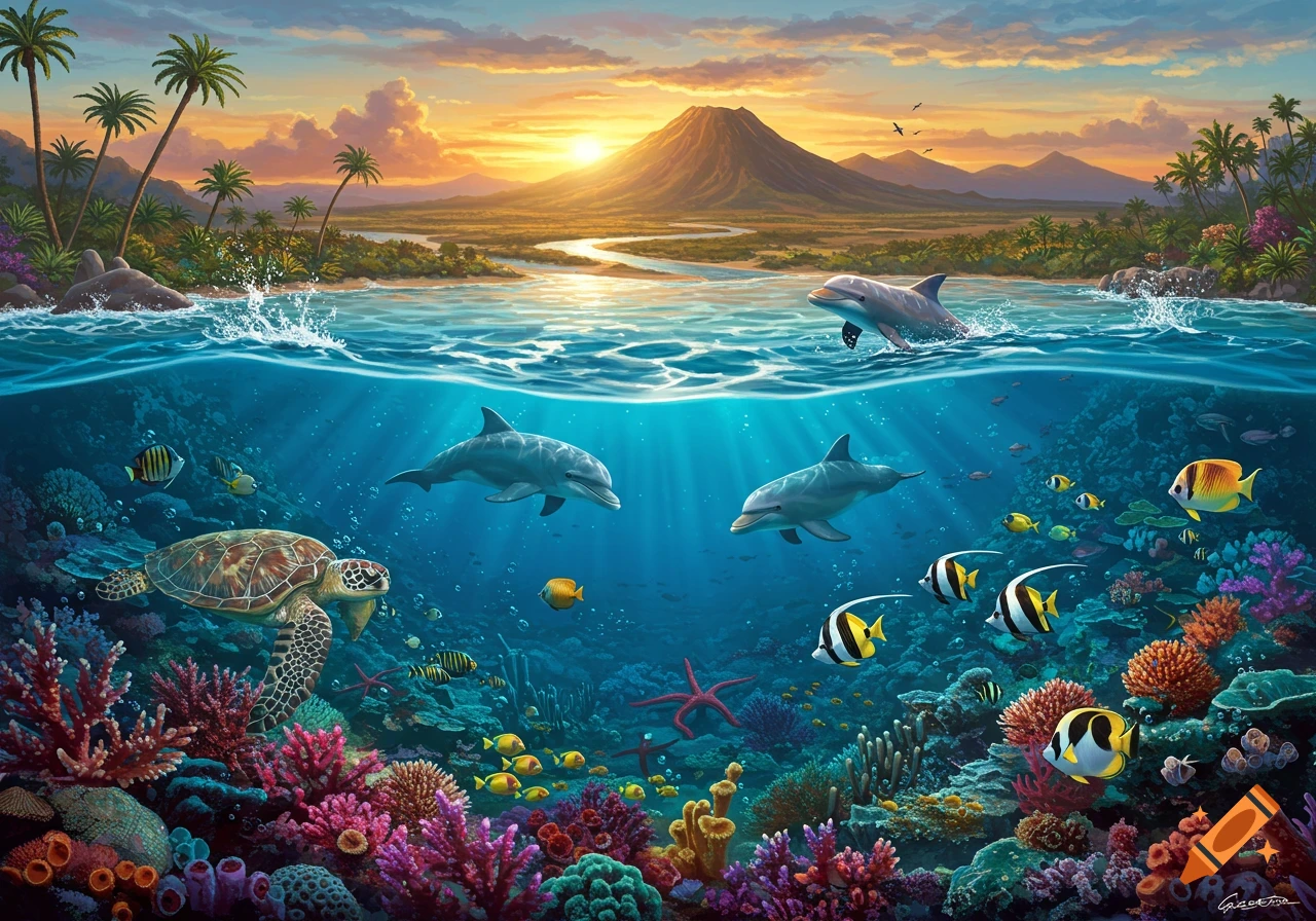 Vibrant split-level digital painting of a tropical ocean scene with dolphins, sea turtle, colorful fish, coral reef, volcano, and palm trees at sunset.