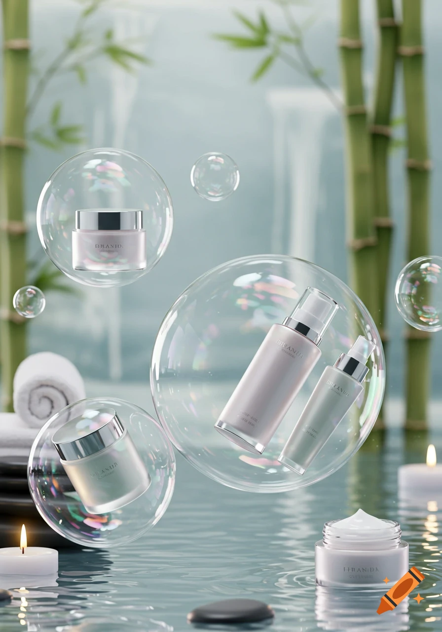 Skincare products in bubbles, floating above water with bamboo and candles in a serene spa setting.