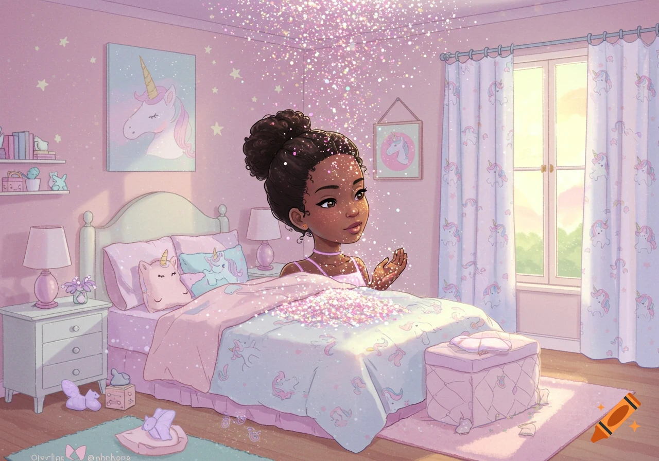 Young Black girl in a dreamy pink, unicorn-themed bedroom with glitter falling around her. Cartoon illustration.
