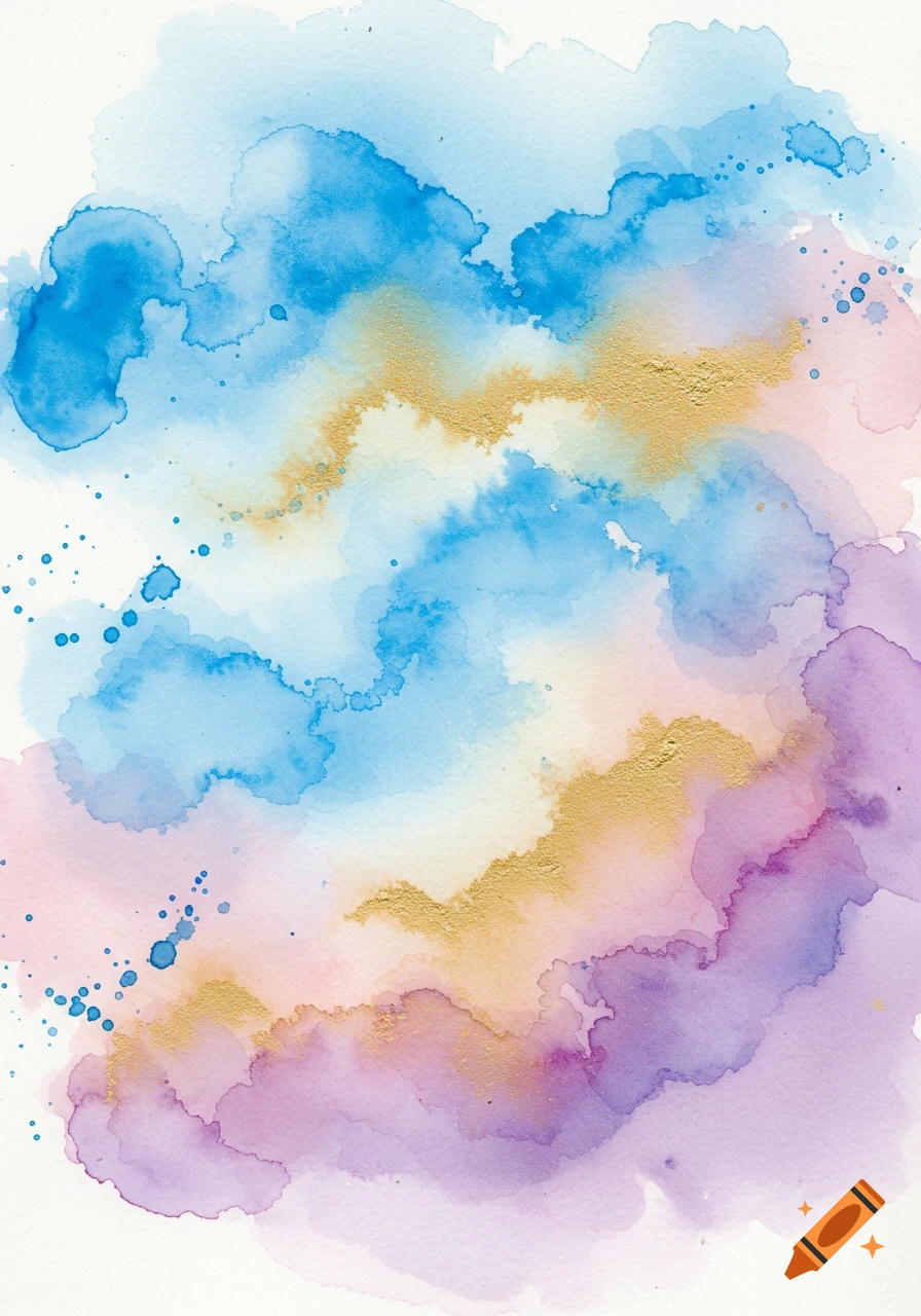 An abstract watercolor painting with fluid washes of blue, pink, purple, and streaks of gold, creating a soft, dreamlike effect.