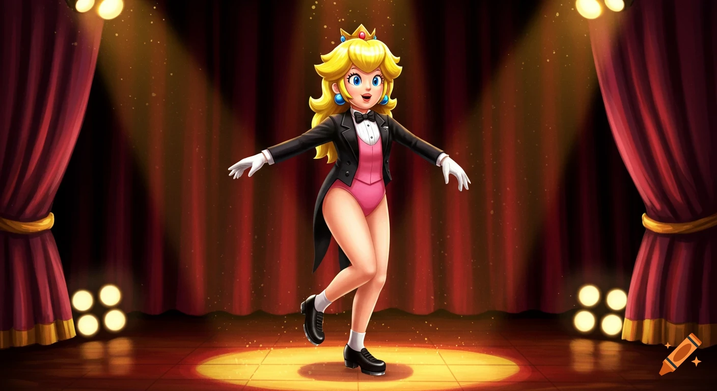 Princess Peach tap dancing on a stage under spotlights, wearing a black tuxedo jacket, pink leotard, white gloves, and black tap shoes, in a cartoon style.