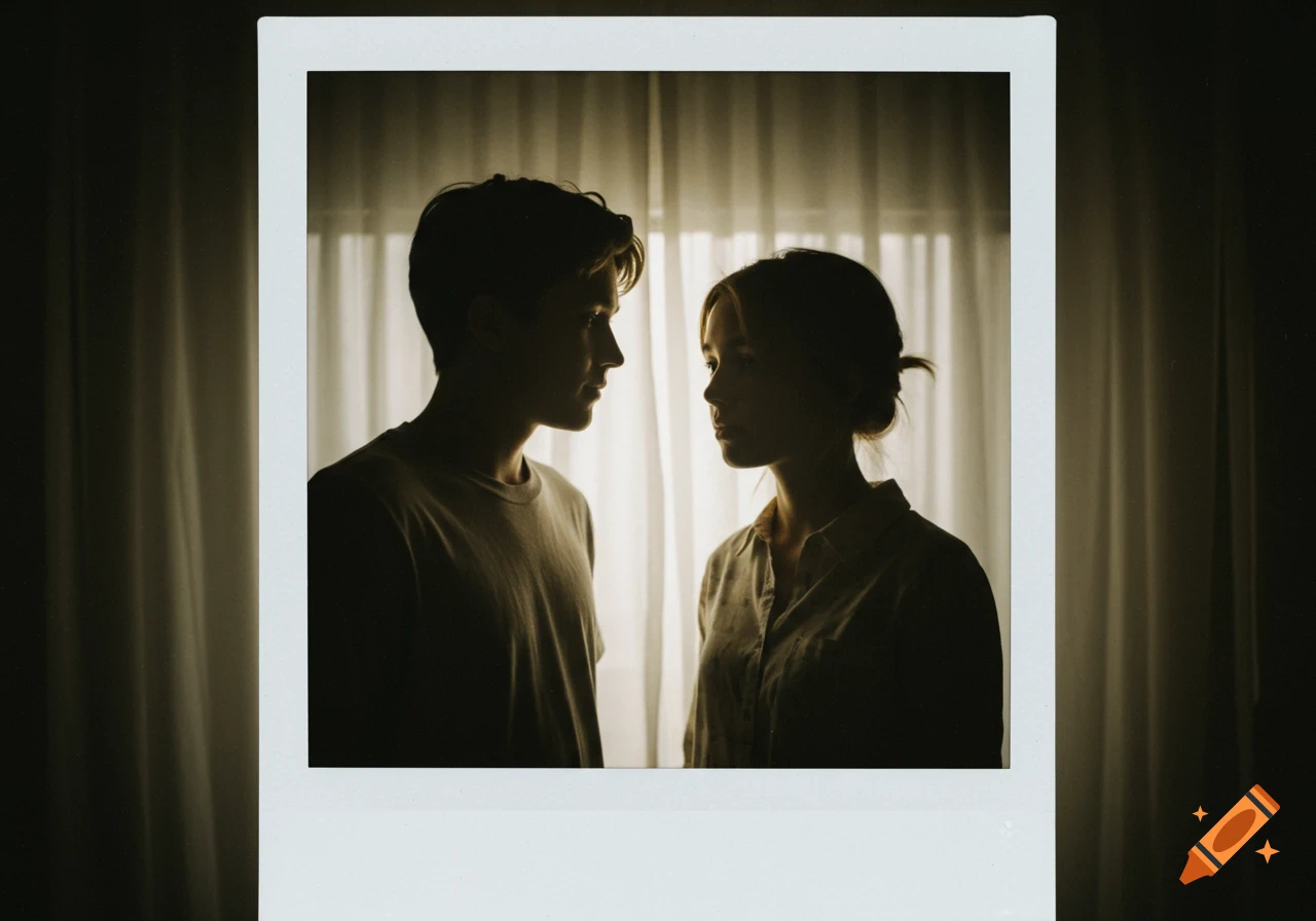 Dark silhouette of a man and woman looking at each other in a Polaroid frame, with white curtains behind them.