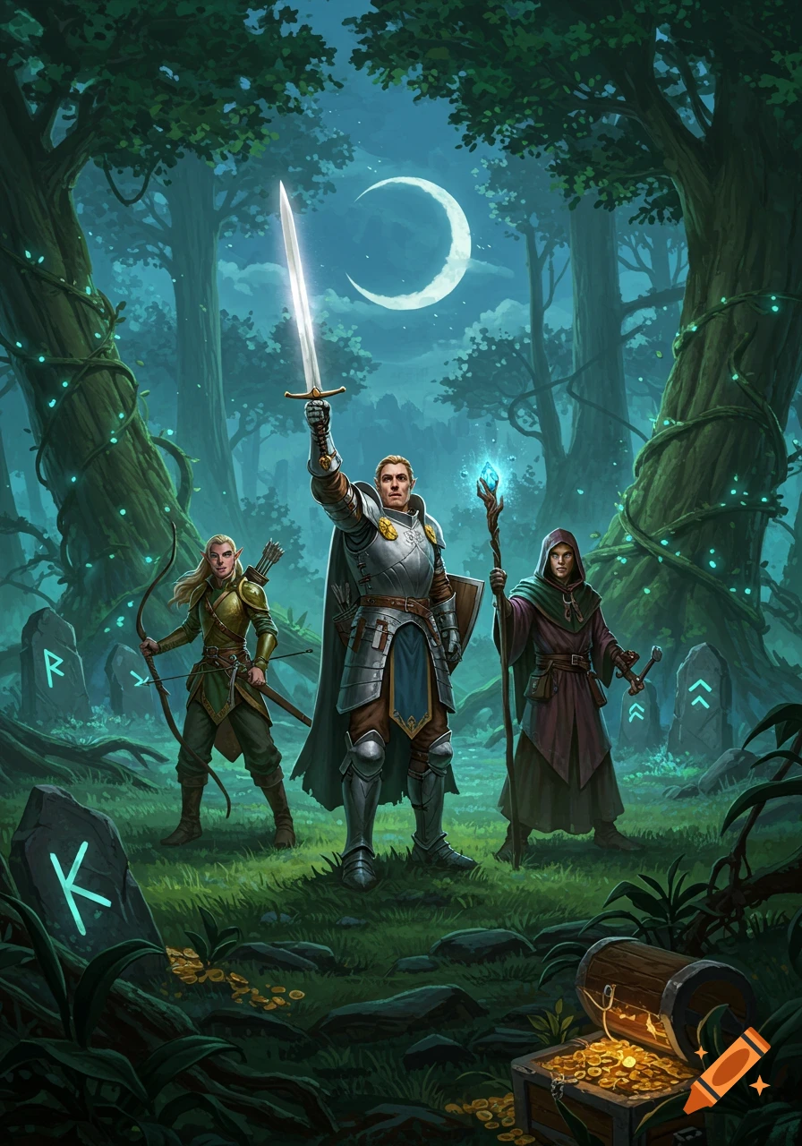 A knight, elf archer, and wizard stand in an enchanted forest under a crescent moon with a treasure chest and glowing runes.