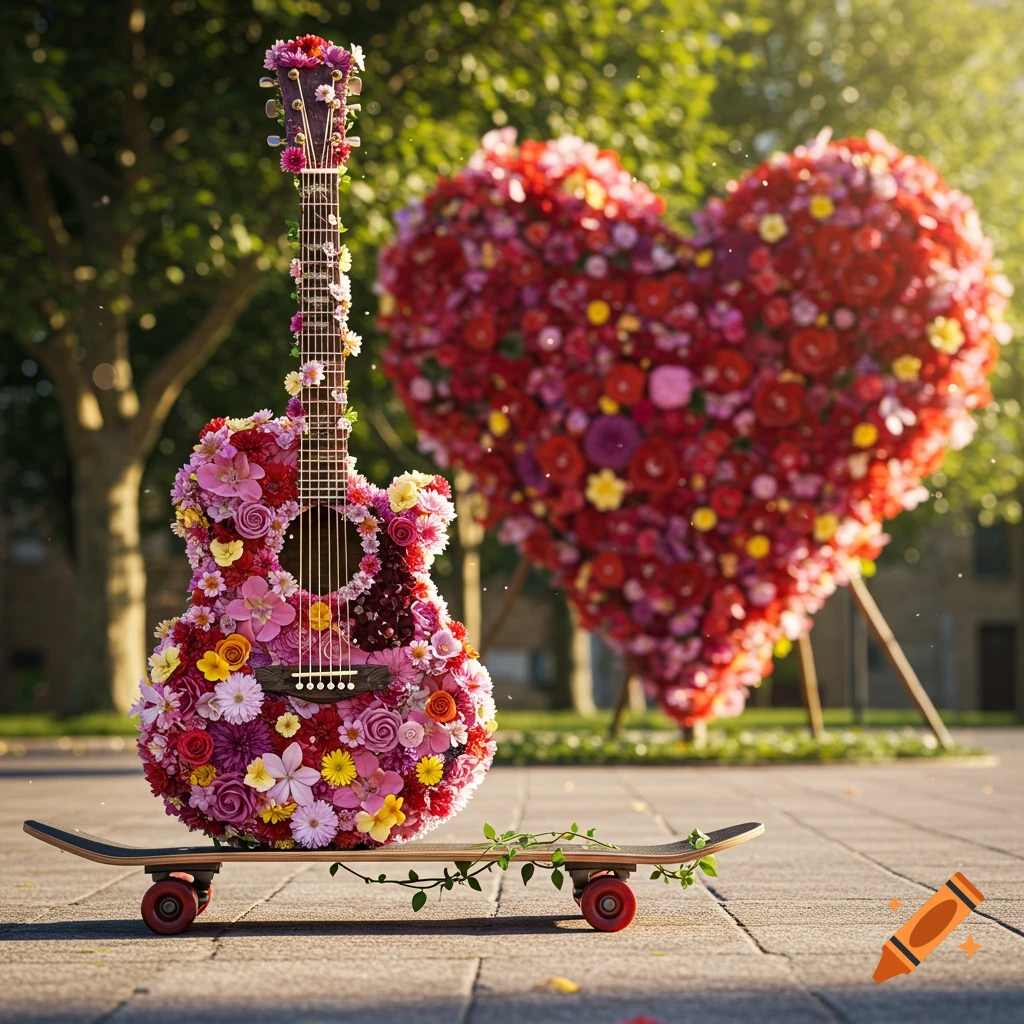 A guitar made of colorful flowers stands on a skateboard, with a large heart-shaped floral arrangement in the background.
