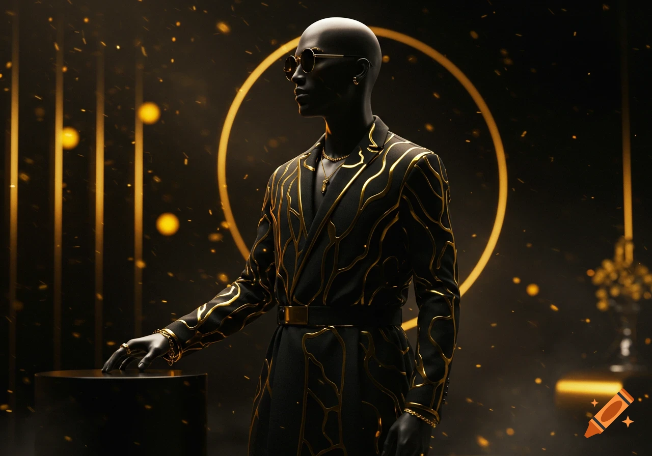 A bald, mannequin-like figure in a black suit with golden patterns and sunglasses, standing in a dark, glowing gold setting.
