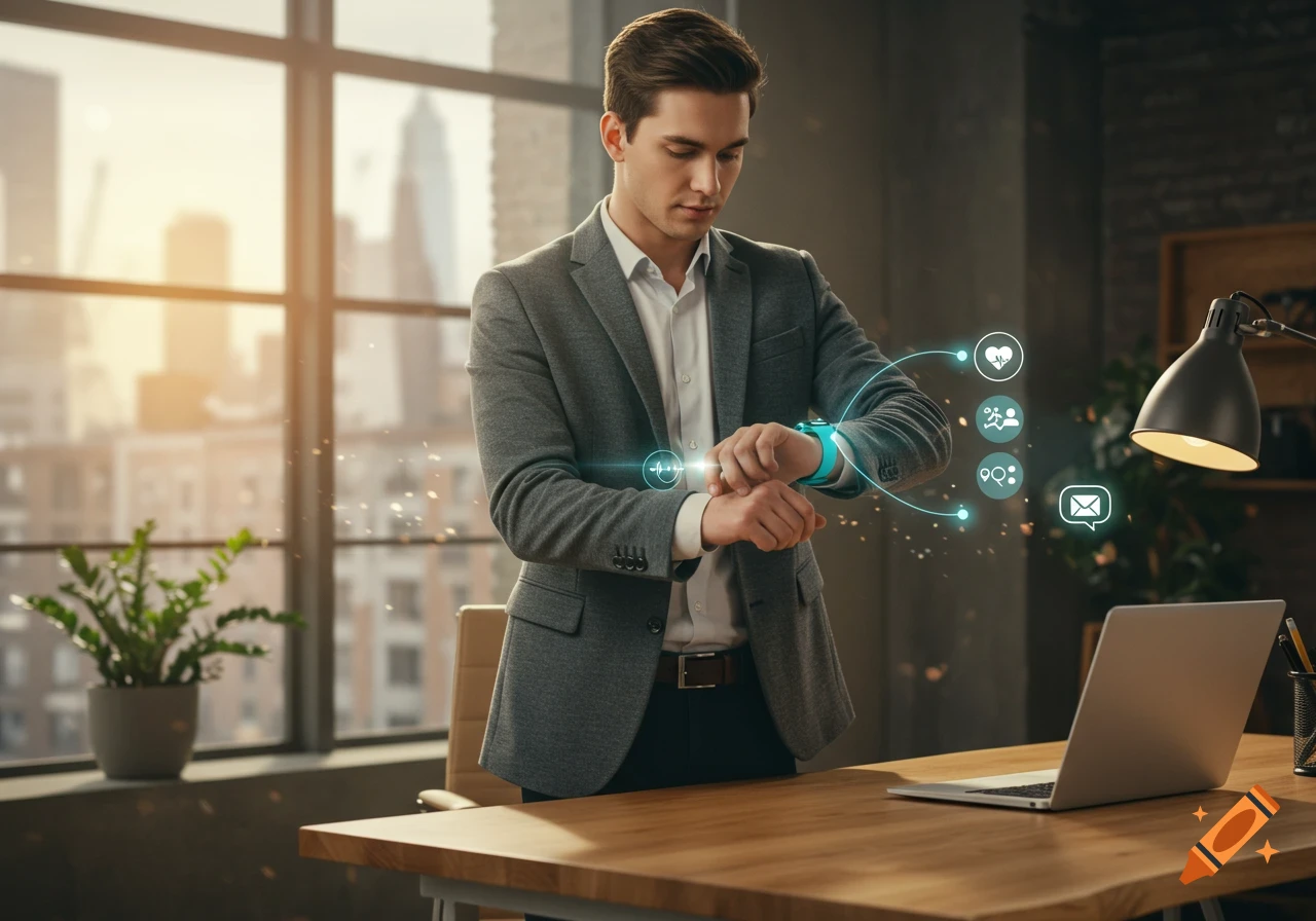 A young professional in a blazer checks his turquoise smartwatch, displaying health and message icons, in a modern urban loft office.