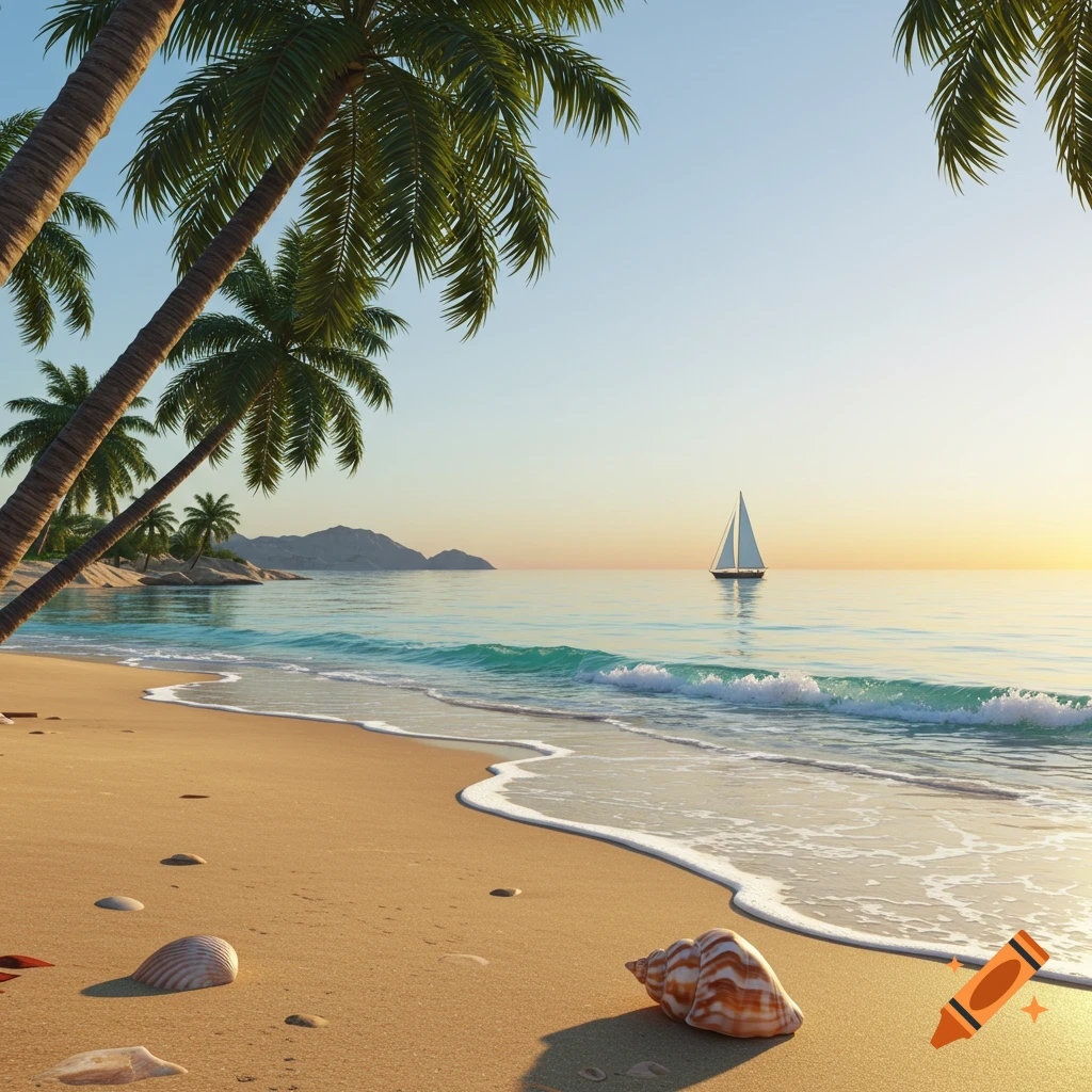 Photorealistic tropical beach at golden hour with palm trees, gentle waves, seashells, and a sailboat on the horizon.