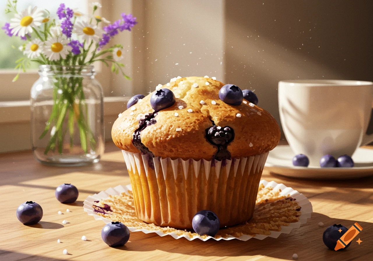 A photorealistic blueberry muffin, topped with blueberries and sugar, sits on a wooden table with a glass of flowers and a coffee cup in the background.