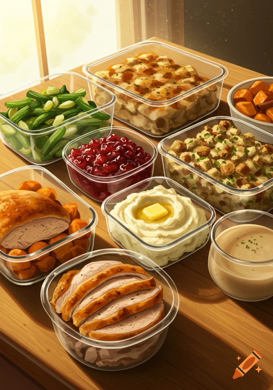 Thanksgiving leftovers in clear containers on a wooden table by a window. Turkey, stuffing, mashed potatoes, cranberries, green beans.