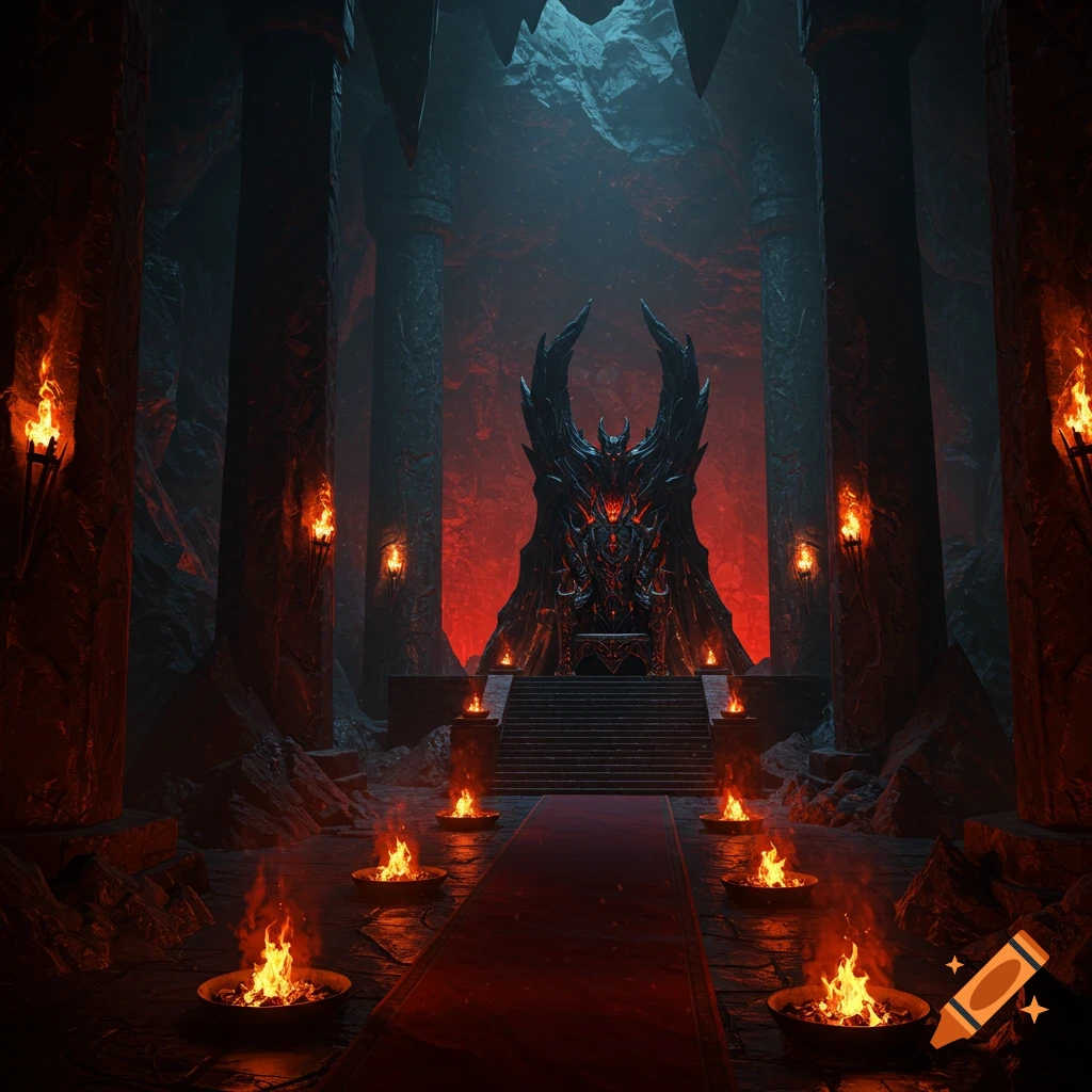 An ominous, dark fantasy throne room with a large, demonic throne, red carpet, and glowing fires on stone pillars and the floor.