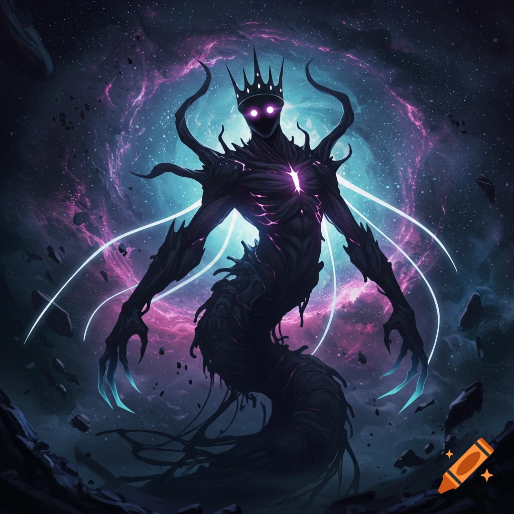 A dark, shadowy monster with glowing purple eyes and a crown stands against a swirling cosmic background.