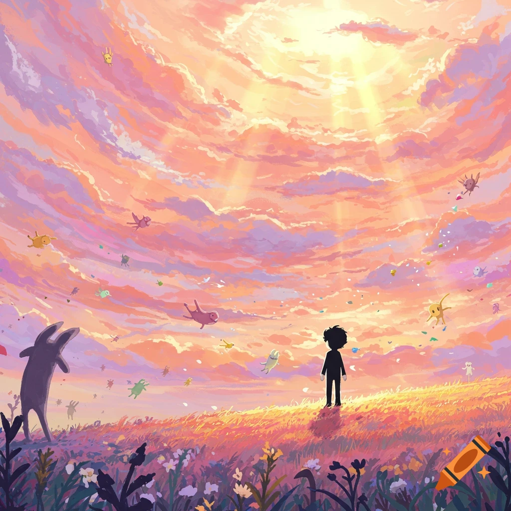 A small figure stands in a field looking up at a vibrant sunset sky filled with numerous whimsical flying creatures, in a dreamlike illustration.