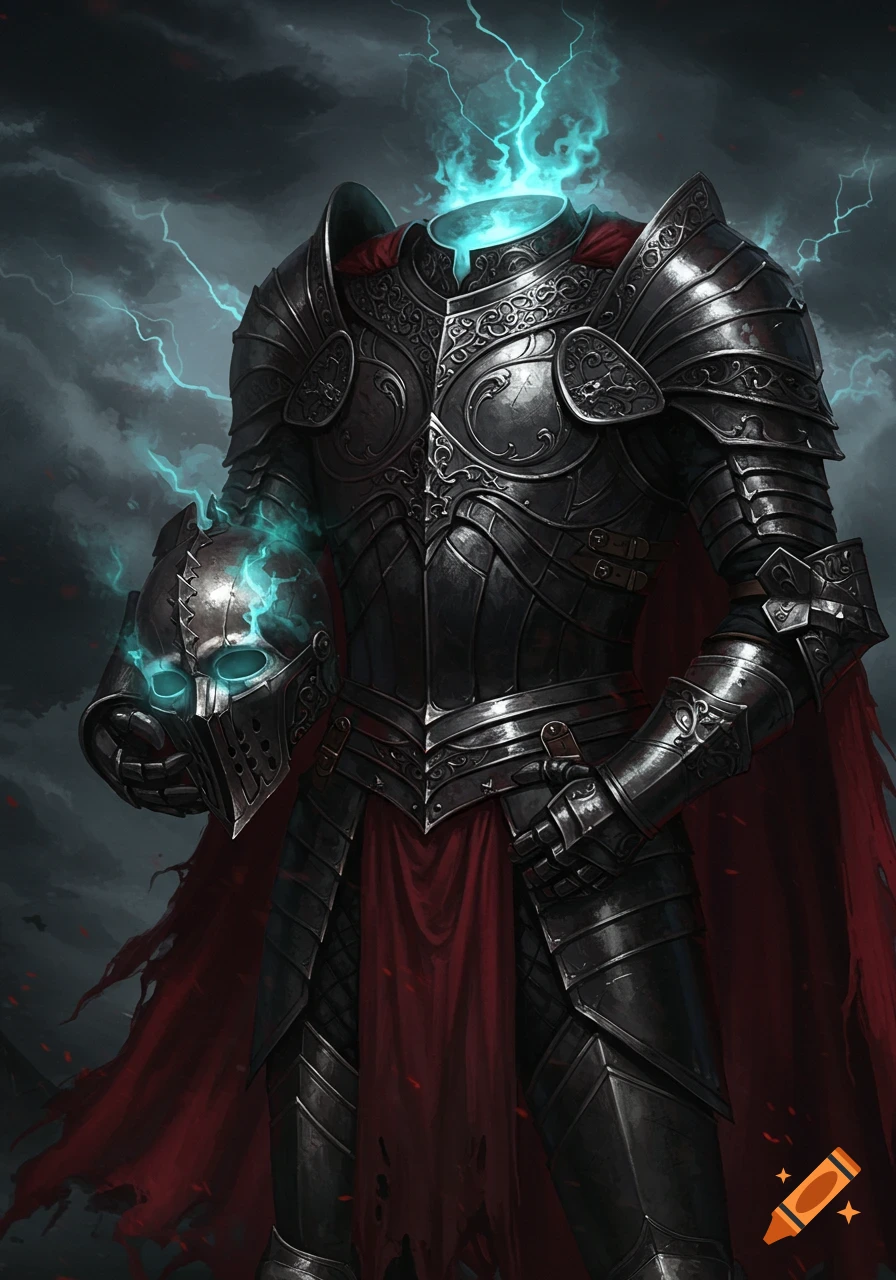 A headless dark knight in ornate armor holds his helmet, glowing with blue energy, against a stormy sky.