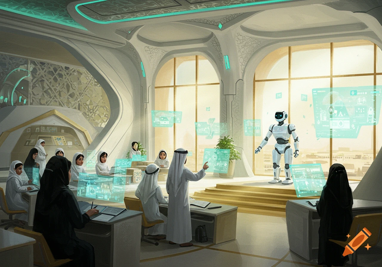 A futuristic classroom with a robot teaching students in kandura and abaya, interacting with hologram screens in modern architecture.