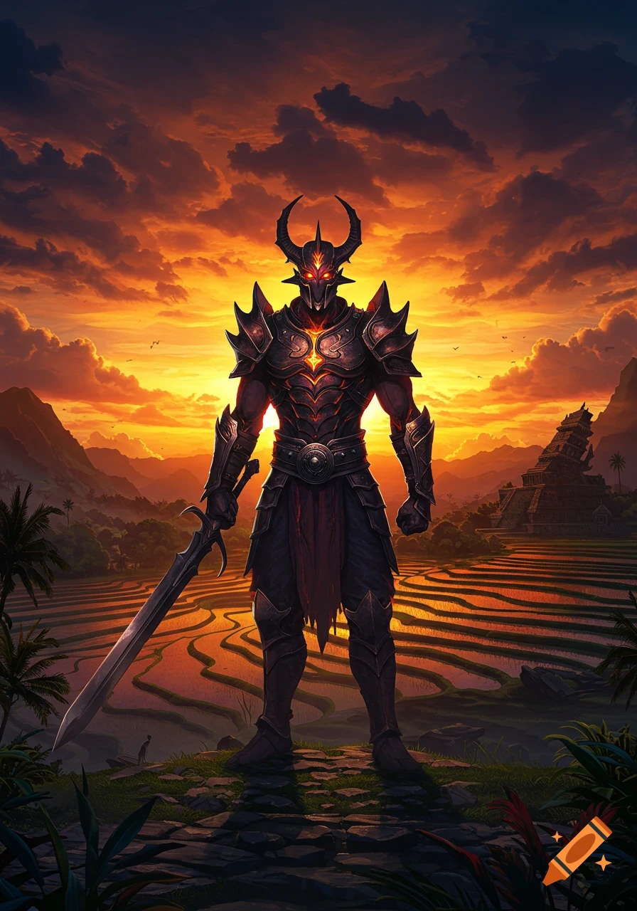 A horned, armored dark fantasy warrior with glowing red eyes stands with a sword over rice paddies at sunset.