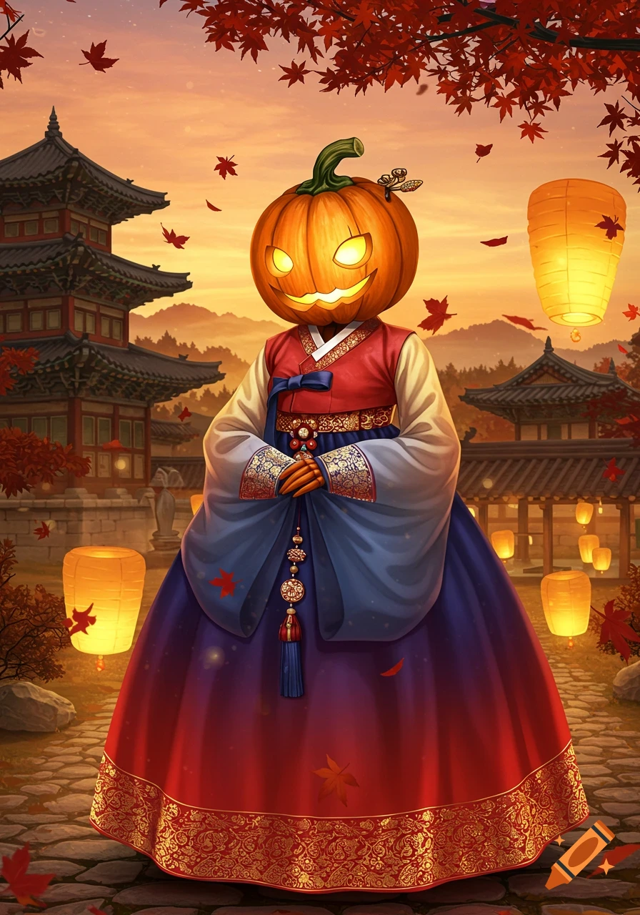 An anthropomorphic pumpkin wearing a traditional Korean hanbok stands in an autumn setting with glowing lanterns and traditional architecture.