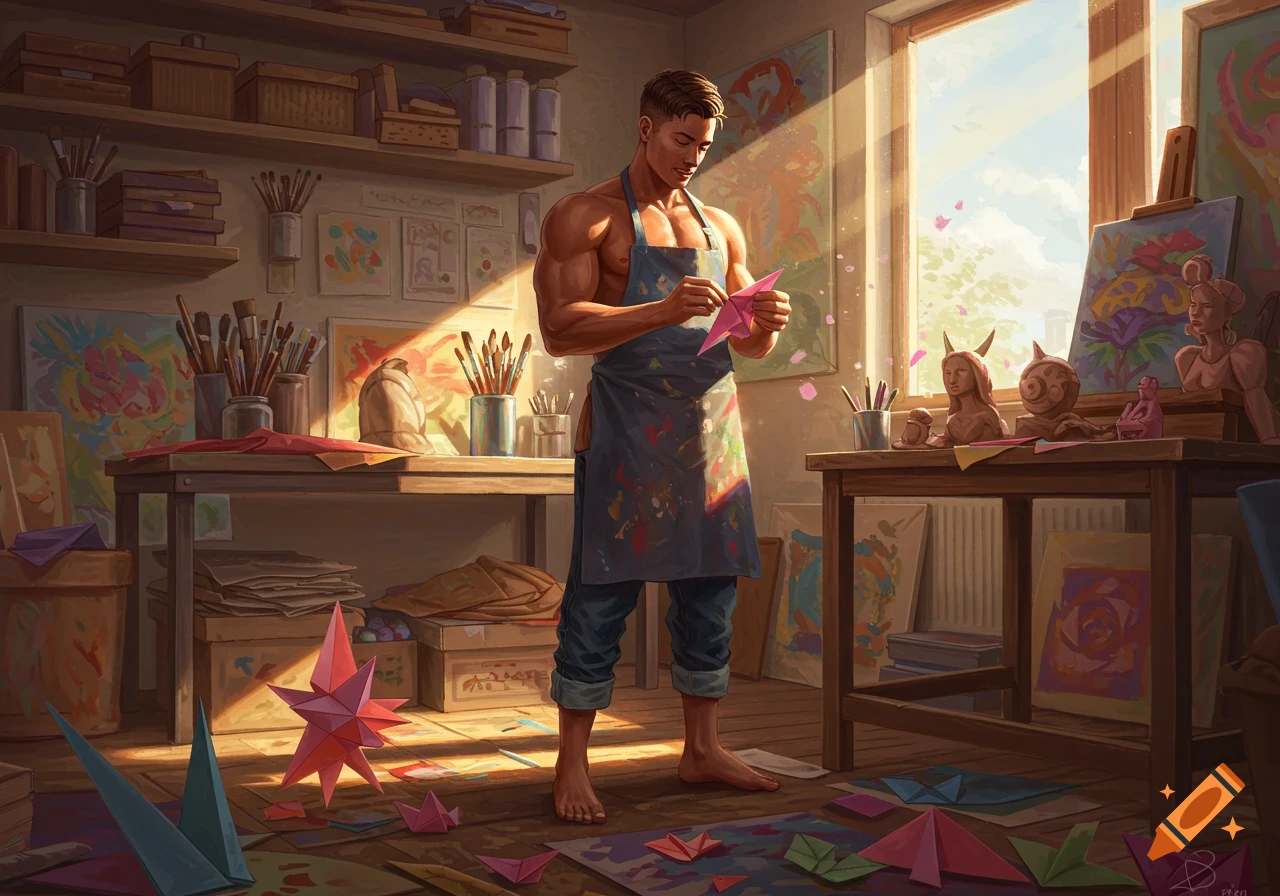 A muscular man in an apron folds origami in a sunlit art studio, surrounded by paintings, sculptures, and craft supplies.