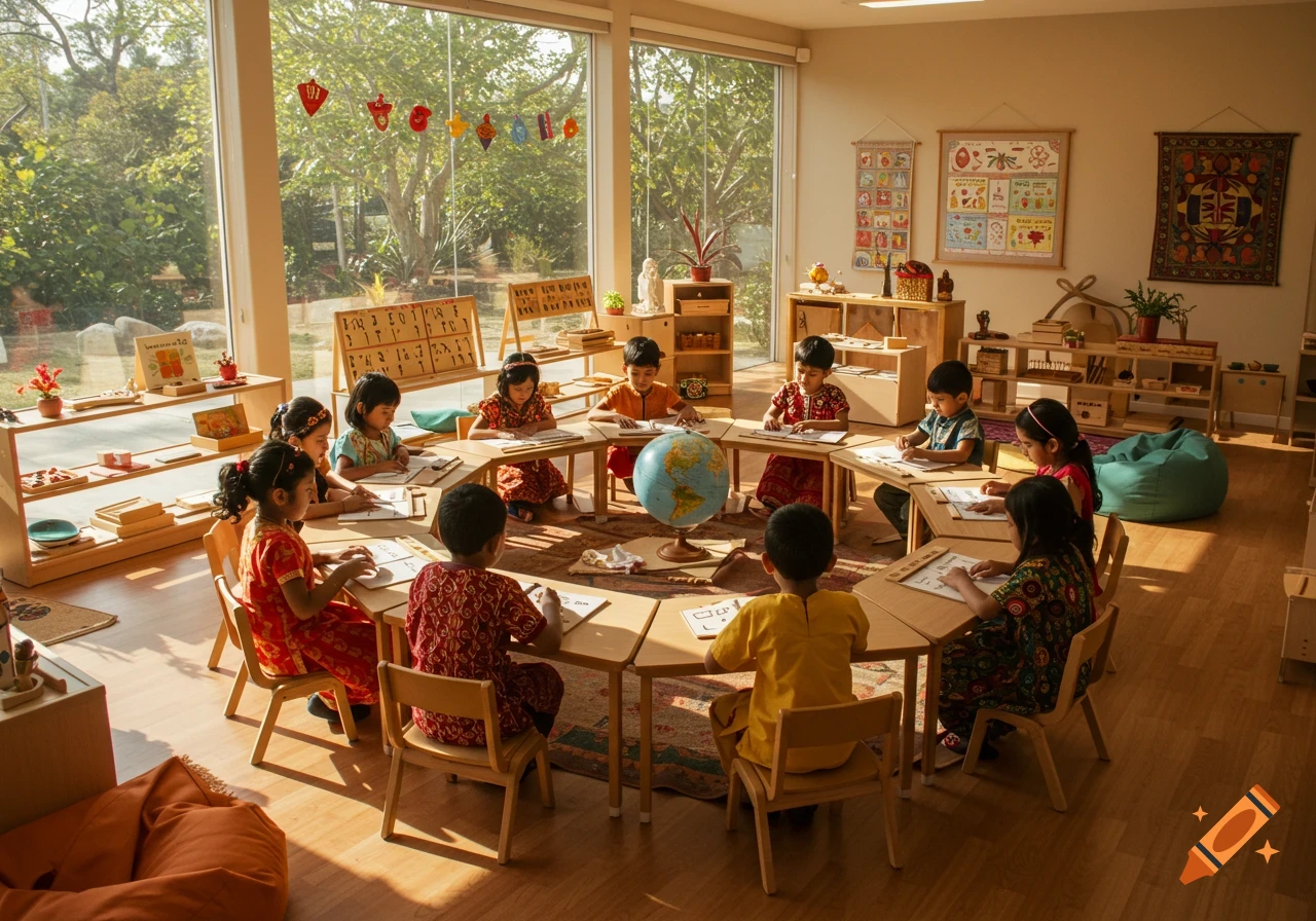 Children in a sunlit Montessori classroom sit at a hexagon table with a globe, writing on papers.